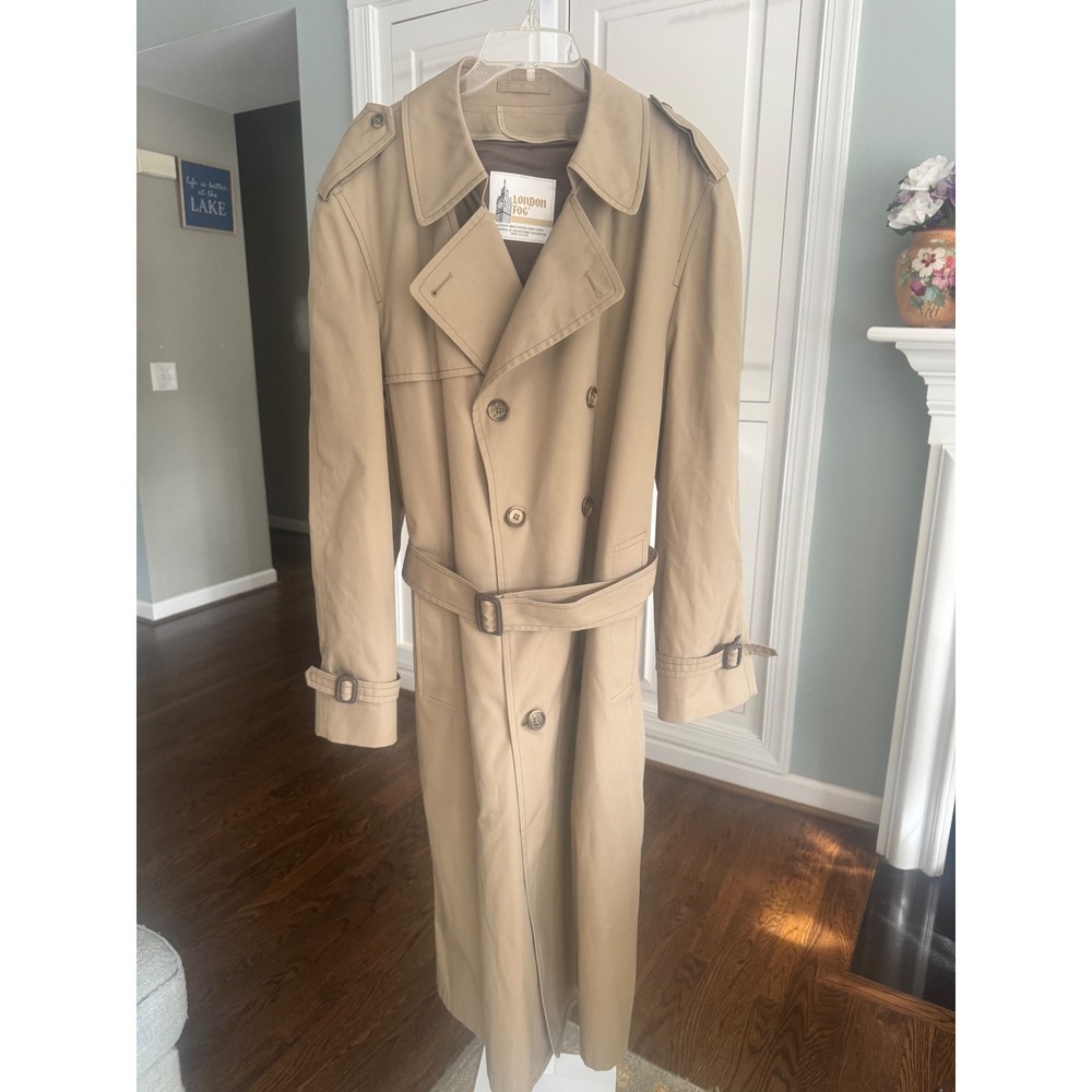 Vintage London Fog Mens Tan Khaki‎ Double Breasted Trench Coat Fur Lined NWOT